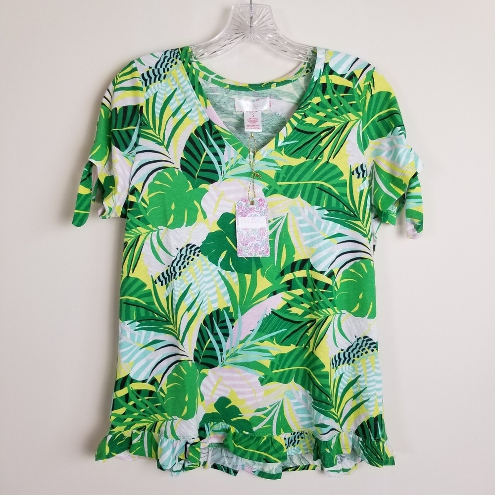 Stella Parker Jungle Print Short Sleeve Top Ruffle Hem Small NWT